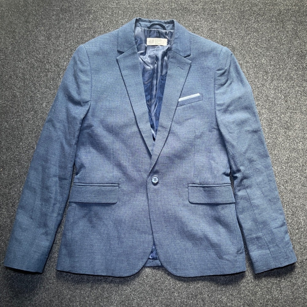 H&M Blazer Jacket Boys Size 12 Blue Excellent Textured Single Button Formal